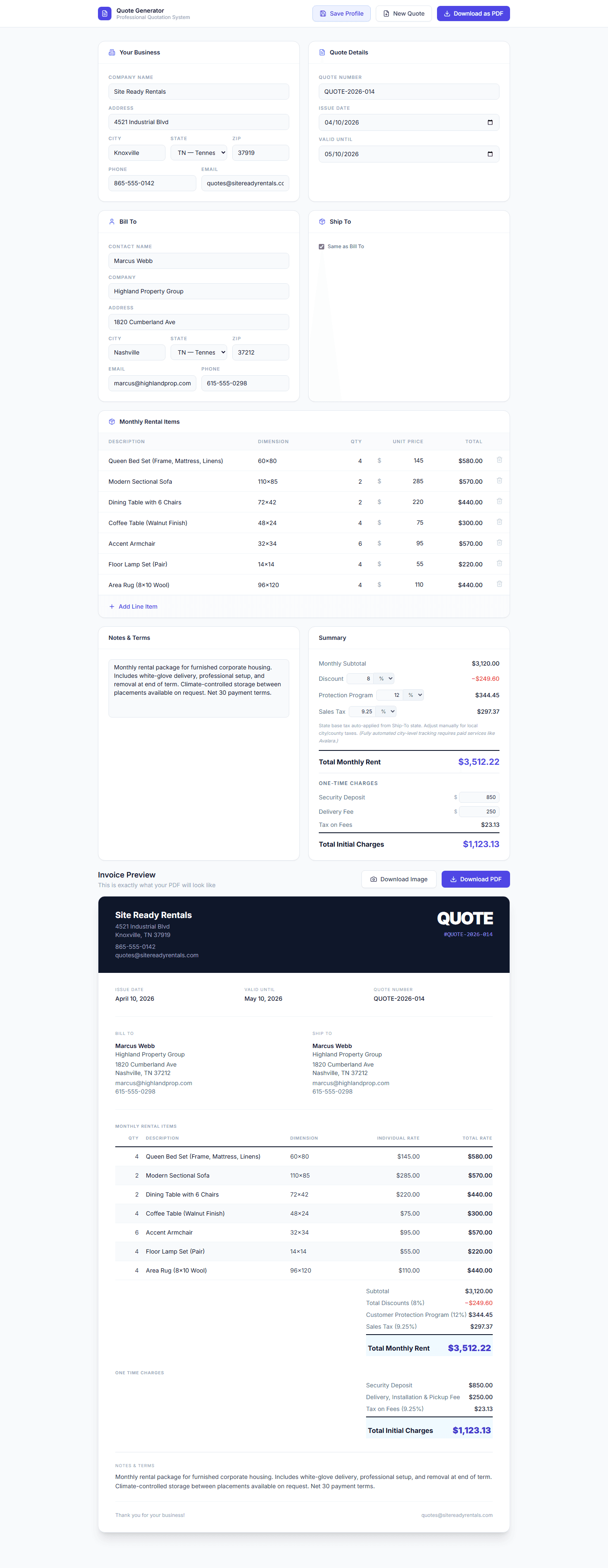 SiteReadyRentals quote builder with line items and live totals